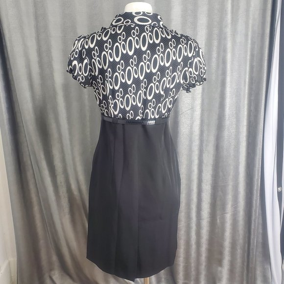 Voir Voir Print Top Black Dress with Belt Size 8 Ruffled Neck Side Zip - Picture 8 of 14
